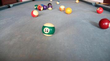 Billiards sports game. Multi-colored billiard balls with numbers on the pool table. Active recreation and entertainment. photo