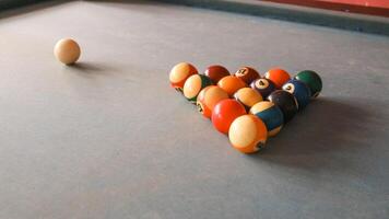 Billiards sports game. Multi-colored billiard balls with numbers on the pool table. Active recreation and entertainment. photo