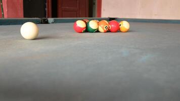 Billiards sports game. Multi-colored billiard balls with numbers on the pool table. Active recreation and entertainment. photo