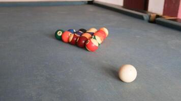 Billiards sports game. Multi-colored billiard balls with numbers on the pool table. Active recreation and entertainment. photo