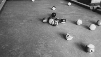 Billiards sports game. Multi-colored billiard balls with numbers on the pool table. Active recreation and entertainment. photo
