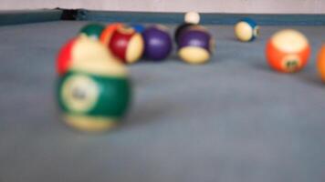 Billiards sports game. Multi-colored billiard balls with numbers on the pool table. Active recreation and entertainment. photo