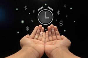 Hands with virtual clock and money for business time management. Time is money. Time management concept. photo