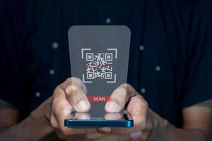 Male hand using a smart phone to scan QR code. QR code payment, registration, E-wallet or cashless technology concept. photo