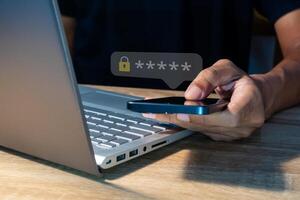 A man using smart phone to login for validate password to two-step authentication. Encrypted data. Business Technology security Concept. photo