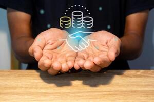 A man with virtual handshake icon. Business partnership, customer relationship, and teamwork concept. photo