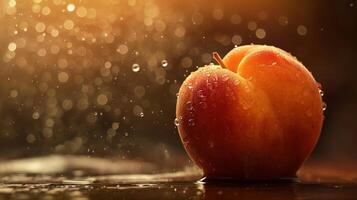Fresh apricot with water drops on blurred background. Close-up photo