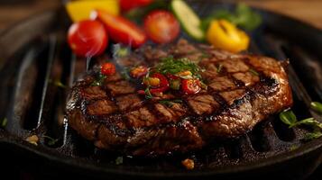 Grilled steak with vegetables on a grill pan, close-up photo