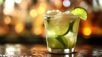 cocktail in the bar with a lime and ice on the table photo