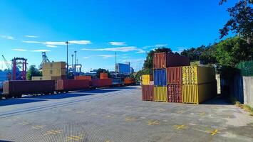 Logistics of international container cargo shipping and cargo plane in container yard, Freight transportation, International global shipping. photo