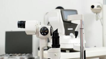 Ophthalmic laser system in eye surgery clinic. Laser treatmnet for myopia. The ophtalmology medical equipment. Eyes examination. Modern device. Laser eye vision correction photo