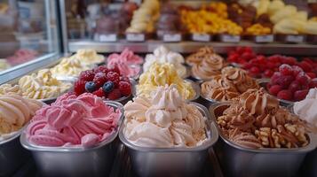Assortment of fresh made Italian artisanal ice creams in refrigerator close up, dairy walnuts ice cream dessert. Boxes with different types and tastes of Italian natural gelato ice cream in a showcase photo