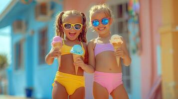 Two happy, caucasian little girls in sunglasses, eating ice cream in waffle cones, enjoying a dessert outdoor. Italian gelatto. Friendship, advertising concept. photo