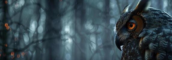 Side view selective focus of The Eagle Owl, piercing evil eyes like embers, shadowy forest backdrop, photorealistic texture, minimal light, chilling and haunting ambiance photo