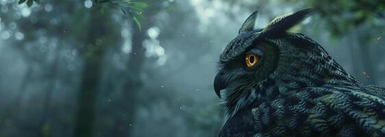 Side view selective focus of The Eagle Owl, malevolent glowing eyes, dark misty forest background, hyper-realistic detail, dramatic lighting, eerie and intense atmosphere photo