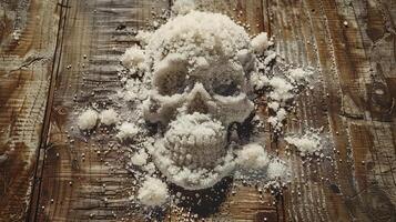 Aerial view, unhealthy white sugar in a dead skull shape, rustic wooden table, photorealistic detail, casting soft shadows, subtle highlights accentuating texture, eerie yet captivating composition photo