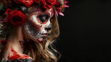 Blond models side profile featuring elaborate Sugar Skull makeup with vivid red roses photo