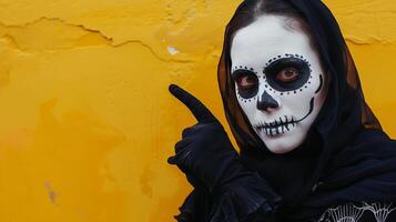 Frontal perspective of female, white clay skull makeup, ominous, black clothing, pointing to empty space, vivid yellow backdrop, Day of the Dead celebration, oil painting style photo