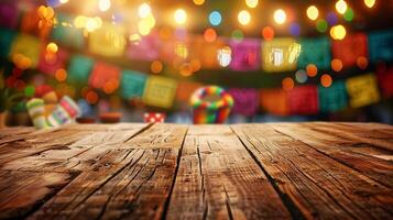 Long shot of a weathered wooden table, lively Mexican fiesta background with brilliant bokeh lights, traditional decorations, ample space for products, cheerful and celebratory atmosphere photo