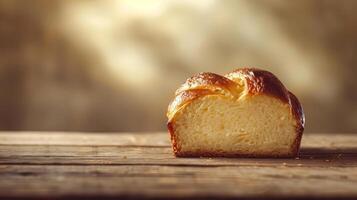 Long shot of a single slice of golden-brown Challah bread on a rustic wooden table photo