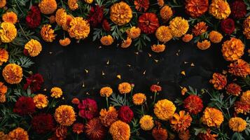 Black background showcasing garlands of marigolds from a worms-eye view, detailed with rich colors and a Day of the Dead theme, providing luxurious space for copy photo