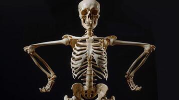 Eye-level angle of a human skeleton, striking a strong superhero pose with fists on hips, isolated on a black background photo