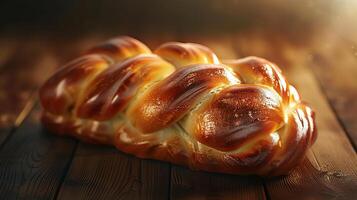 Tilted angle view, freshly baked homemade Challah bread, golden brown crust, soft texture visible, warm lighting, photorealistic detail, inviting and sumptuous photo