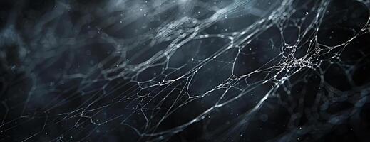 Worms-eye perspective, CG 3D-rendered creepy spider webs, complex and delicately interwoven, dark atmosphere on a black banner, minimal yet impactful copyspace that draws attention photo