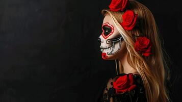 Elegantly lit side view of a blond model wearing intricate Sugar Skull makeup, red roses, and a stark black background, oil painting effect, abundant copyspace for text integration photo