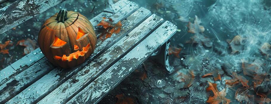 Top-down view of an evil-faced Halloween pumpkin photo