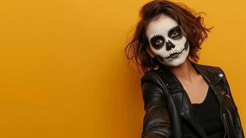 Close-up shot of a female with white clay skull makeup photo