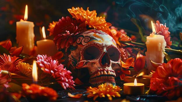 Tilted angle view of a painted human skull photo