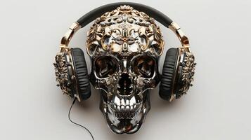 Aerial view of an intricately detailed skull adorned with gold and silver ornaments photo