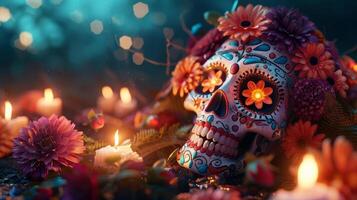 Tilted view of a whimsically painted skull, illuminated by burning candles, adorned with colorful Day of the Dead flowers, dark, moody background providing copyspace, CG 3D rendering photo