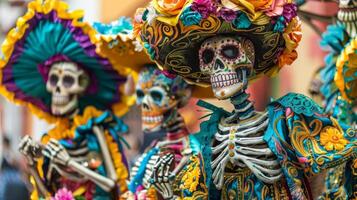Long shot of a vintage Day of the Dead celebration, intricate skeleton costumes, vibrant marigold decorations, oil painting effect, festive atmosphere, seamless pattern background photo