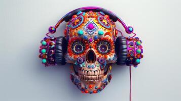 A highly stylized skull with vibrant, ornate decorations and sleek, modern headphones, captured from above, set against a bright white background, digital art with 3D effects photo