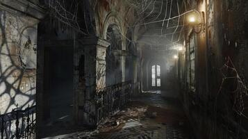 A photorealistic eye-level angle of a creepy, dimly lit hallway with cracked walls and cobwebs, Halloween, background adorned with faint Day of the Dead motifs, shadows creating an eerie atmosphere photo