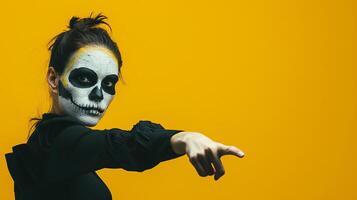 Eye-level shot of a woman with white clay skull makeup, spooky and haunting, dressed in black, extending her arm to point, blank space, yellow background, finely crafted in CG 3D photo