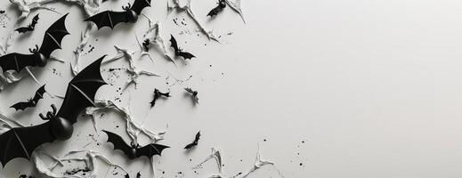 Eye-level angle, Halloween scene with realistic black spiders and bats, white background with shadow details, digital photorealism, flat lay composition, minimalist aesthetic photo