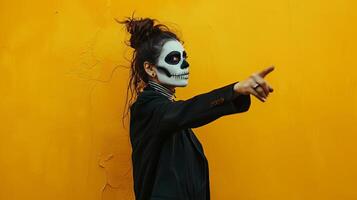Eye-level angle of a woman with white clay skull makeup, eerily spooky, wearing black clothes, pointing into blank space, set against a vibrant yellow background, digital photorealism photo
