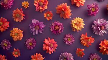 Aerial view of vibrant cempasuchil flowers, arranged in a captivating pattern, isolated on a rich purple background, photorealistic quality, vivid colors, intricate petal details photo