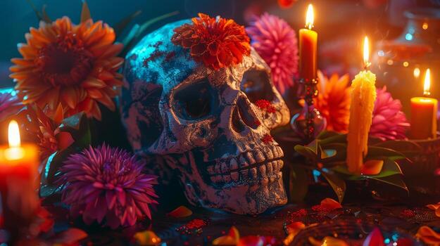 Tilted angle view of a painted human skull photo