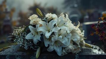 Close-up shot, bouquet of fresh white lilies and roses on a gravestone, surrounded by dewdrops, soft morning light, photorealistic, high-detail textures, somber mood, funeral concept photo