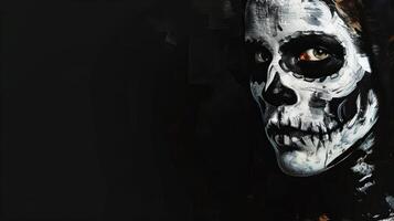 Panoramic view of a woman with skull makeup, set against a black background, with ample copy space, digital painting with a gothic style photo