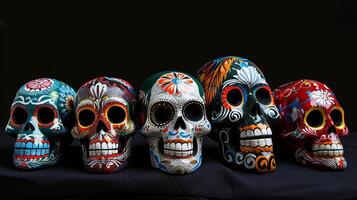 Wide-angle view, vibrant and colorful Mexican sugar skulls, adorned with intricate floral and geometric patterns, set against a stark black background photo