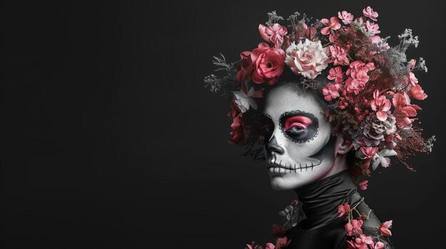 Panoramic view of a woman with skull makeup, set against a black background, with ample copy space, digital painting with a gothic style photo