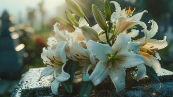 Close-up shot, bouquet of fresh white lilies and roses on a gravestone, surrounded by dewdrops, soft morning light, photorealistic, high-detail textures, somber mood, funeral concept photo