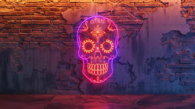 Isolated neon sign of Dia de Muertos skull, tilted perspective, warm light reflecting off a grungy wall, thin frame, generous copy space, vibrant CG 3D rendering photo