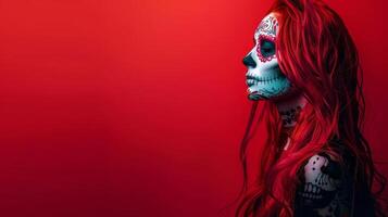 Aerial view portrait, vivid young redhead woman, intricate Halloween sugar skull makeup, CG 3D rendering, solid color background for copyspace photo