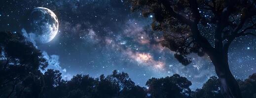 CG 3D render side view of a breathtaking night sky, detailed Milky Way spirals, full moon illuminating foliage, pristine tree outlines, vibrant stars, immersive and tranquil scene photo